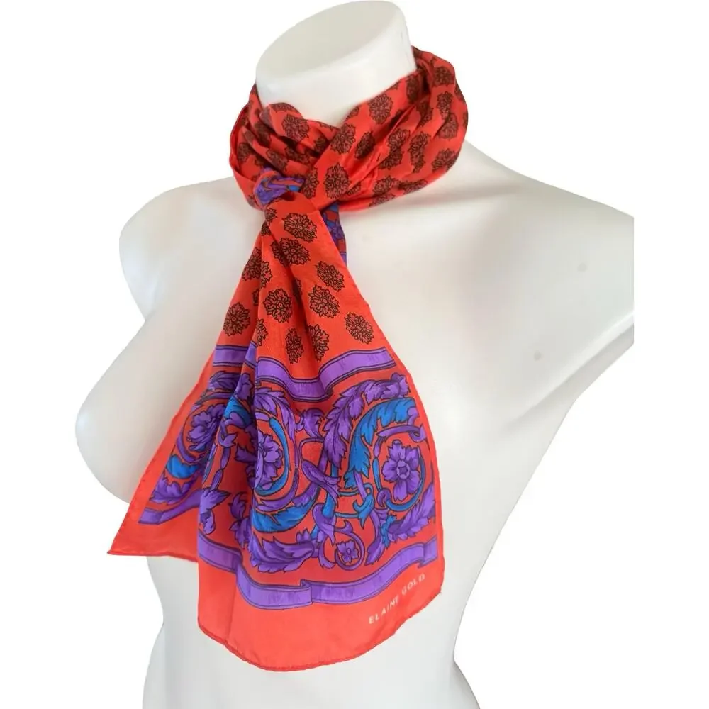 Vintage 80s Elaine Gold Silk Scarf Opulent Coral & Amethyst Baroque Scroll Scarf